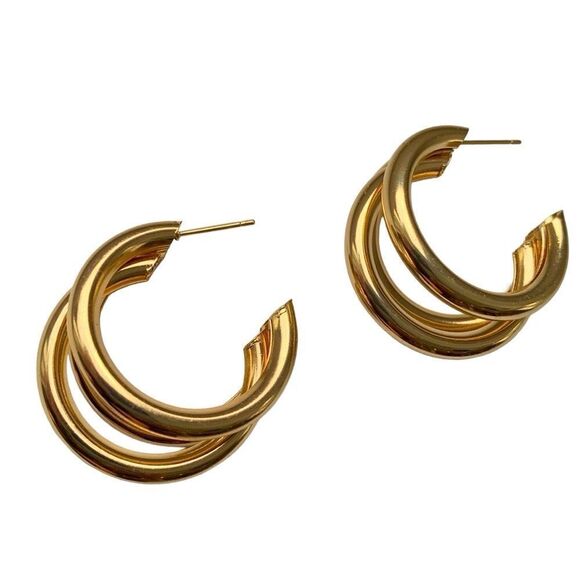 Men’s Hollow Triple Hoop 14k Gold Plated Earrings Tri Hoop Earrings Unisex NEW - Picture 1 of 9
